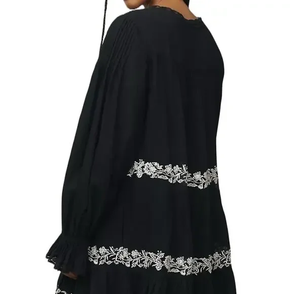 Anthropologie Long Sleeve Black Embroidered Lace Trim Swing Dress size XXS - Picture 2 of 11